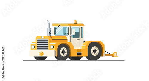 Cartoon style illustration of yellow industrial tractor on white background