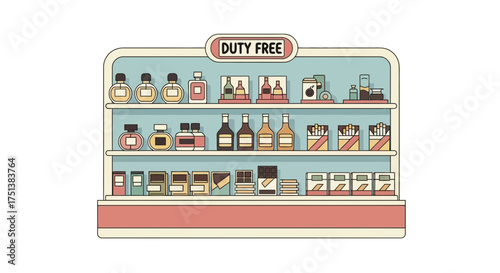 Charming duty free shop displaying assorted products in a sleek display