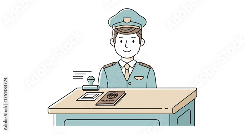 Charming illustration of a border control officer stamping a passport