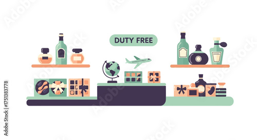 Charming Illustration of Duty-Free Products on Shelves in a Store