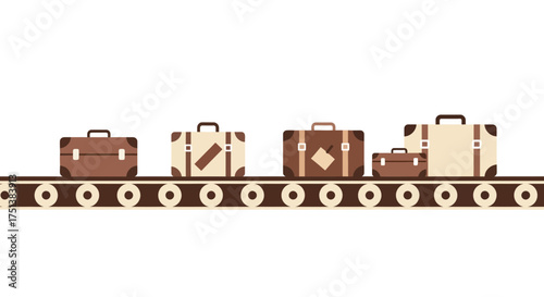 Illustrative Conveyor Belt Scene with Vintage Suitcases in Transit, Minimalist