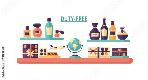Illustrative Duty-Free Shopping Showcase with Variety of Travel Souvenirs