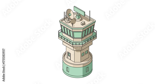 Isometric Air Traffic Control Tower Isolated on White Background
