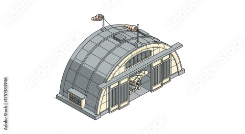 Isometric airplane hangar with windsock, a nostalgic retro aviation theme