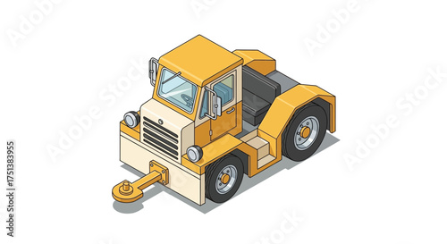 Isometric airport baggage tow truck in yellow and white on white background