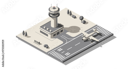 Isometric Airport Illustration with Control Tower and Small Airplane