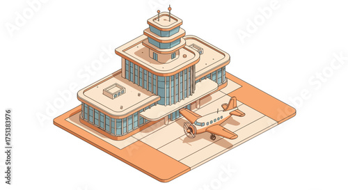 Isometric airport terminal with control tower and vintage airplane illustration