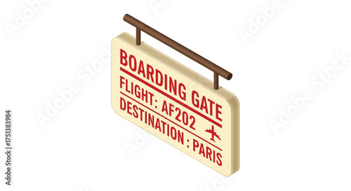 Isometric airport sign indicating boarding gate to paris for flight af202