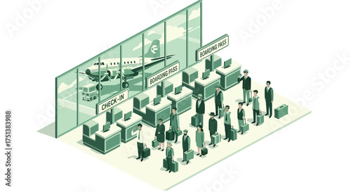 Isometric airport terminal scene showcases passenger check-in process