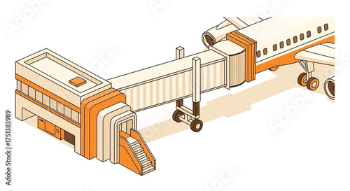 Isometric artwork representing a plane docked at an airport gate terminal