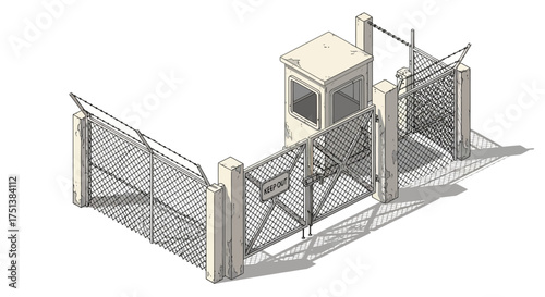 Isometric illustration of a secured compound entrance with a sentry box