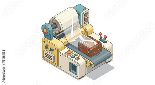 Isometric illustration of luggage being wrapped by an automated machine