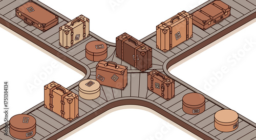 Isometric Illustration of Luggage and Hatboxes on Conveyor Belts at Airport