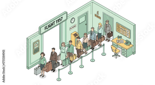 Isometric illustration of passengers waiting for flight 1957 with their luggage
