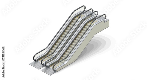 Isometric illustration of three escalators on a clean white background