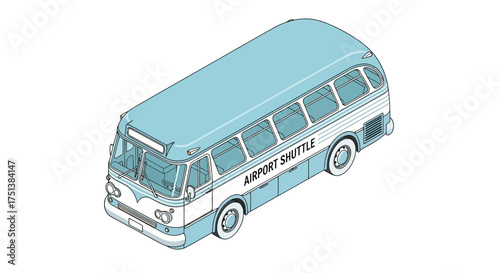 Isometric illustration of vintage airport shuttle bus in pastel colors