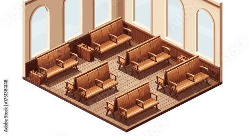 Isometric illustration of vintage train interior with wood benches and luggage