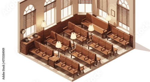 Isometric illustration representing an old-fashioned courtroom scene