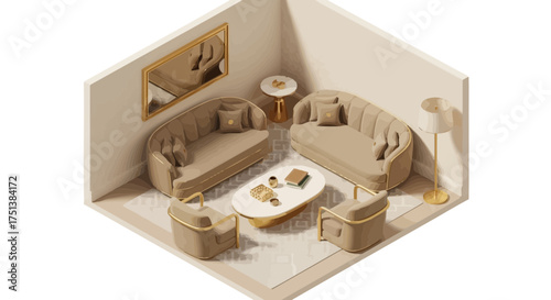 Isometric Living Room Illustration with Neutral Tones and Sophisticated Design