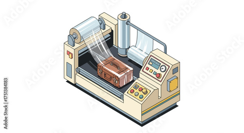 Isometric luggage wrapping station with suitcase and control panel detail
