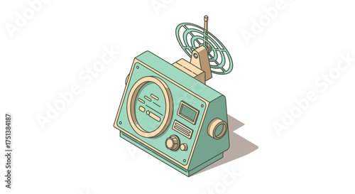 Isometric rendering of a vintage radar console with a pastel aesthetic