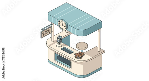 Isometric passport control desk illustration with vintage microphone