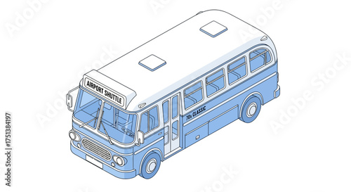 Isometric rendition of a vintage airport shuttle bus design in pastel color