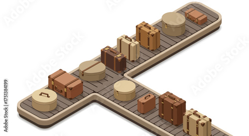 Isometric luggage carousel conveyor belt full of vintage travel baggage