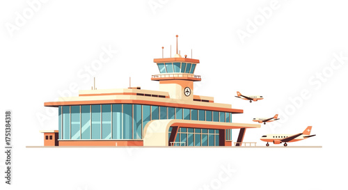 Modern Airport Terminal with Planes Preparing for Takeoff in Vector Style