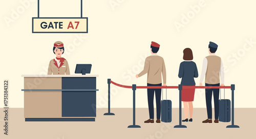 Passengers queueing for flight at airport gate with cabin crew assistance