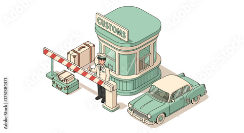Retro Customs checkpoint with officer, vehicle, and luggage illustration
