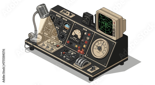 Retro futuristic control panel with radar screen and analog instruments