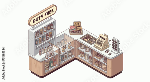 Retro isometric illustration of a duty free shop with vintage elements