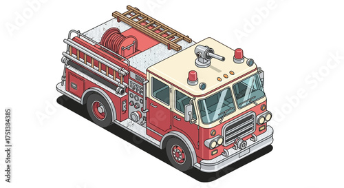 Retro isometric illustration of classic fire truck on white background