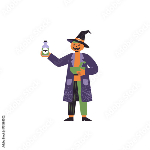 Pumpkin character in witch costume holding a potion and mortar ready for Halloween fun
