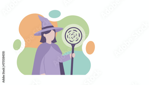 Witch character holding a magic staff with swirling bats perfect for Halloween fantasy or mystical concepts