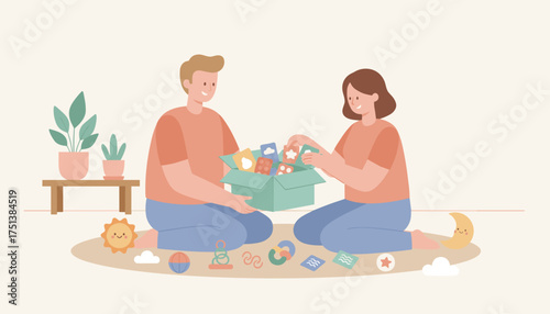 Happy couple organizing childrens toys at home promoting learning and family time