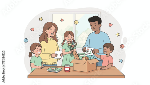 Happy family preparing a donation box teaching children kindness and generosity