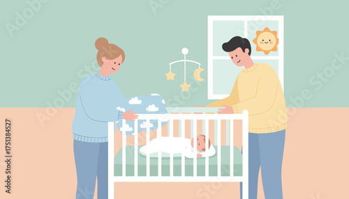 Loving parents watch over their peaceful baby sleeping in a crib Family care and tenderness