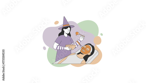 A witch applies a festive pumpkin face mask to a client celebrating Halloween selfcare and relaxation