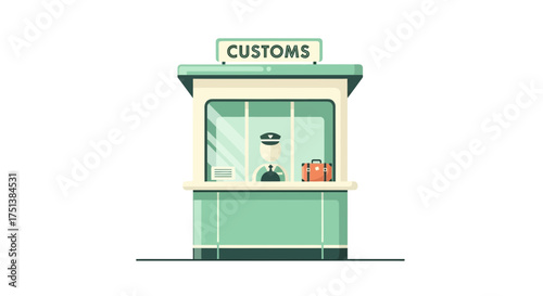 Stylized Illustration of a Customs Official in a Booth with Suitcase