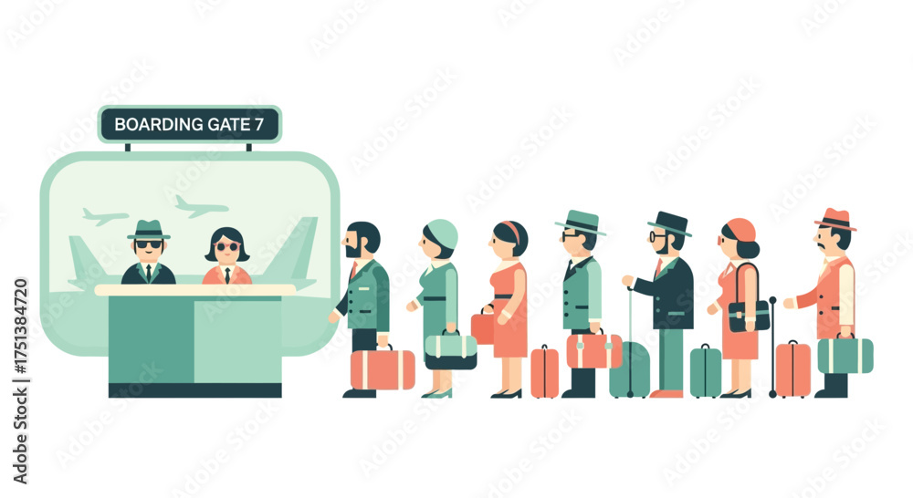 Obraz premium Vintage-Styled Passengers Waiting at Boarding Gate, Travel and Aviation