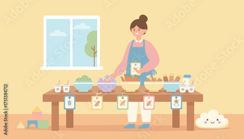 Woman preparing healthy allergenfree food in a cheerful home setting for kids