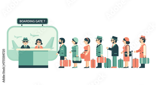 Vintage-Styled Passengers Waiting at Boarding Gate, Travel and Aviation