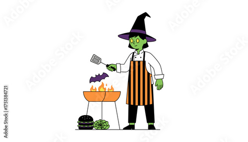 Green witch chef grilling spooky Halloween food Festive party preparation for eerie fun