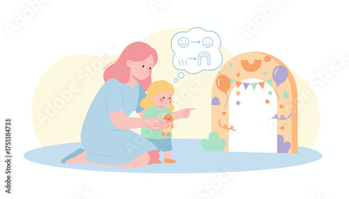 Mother and child bonding pointing to a festive arch anticipating a joyful celebration or milestone