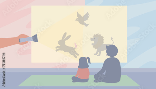 Parent and child captivated by animal shadow projections fostering imagination and learning