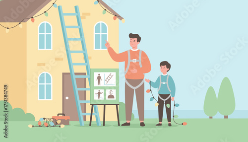 Father and son hang festive lights on house emphasizing safety and family teamwork