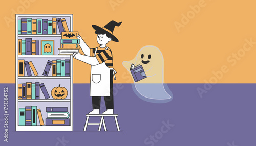 Person organizing Halloween books with a happy ghost reading Spooky fun for learning