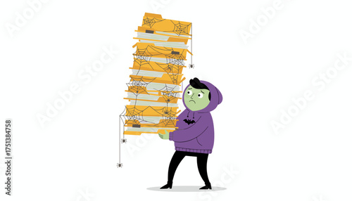 Halloweenthemed person burdened by massive dusty stack of cobwebbed files Work stress old data